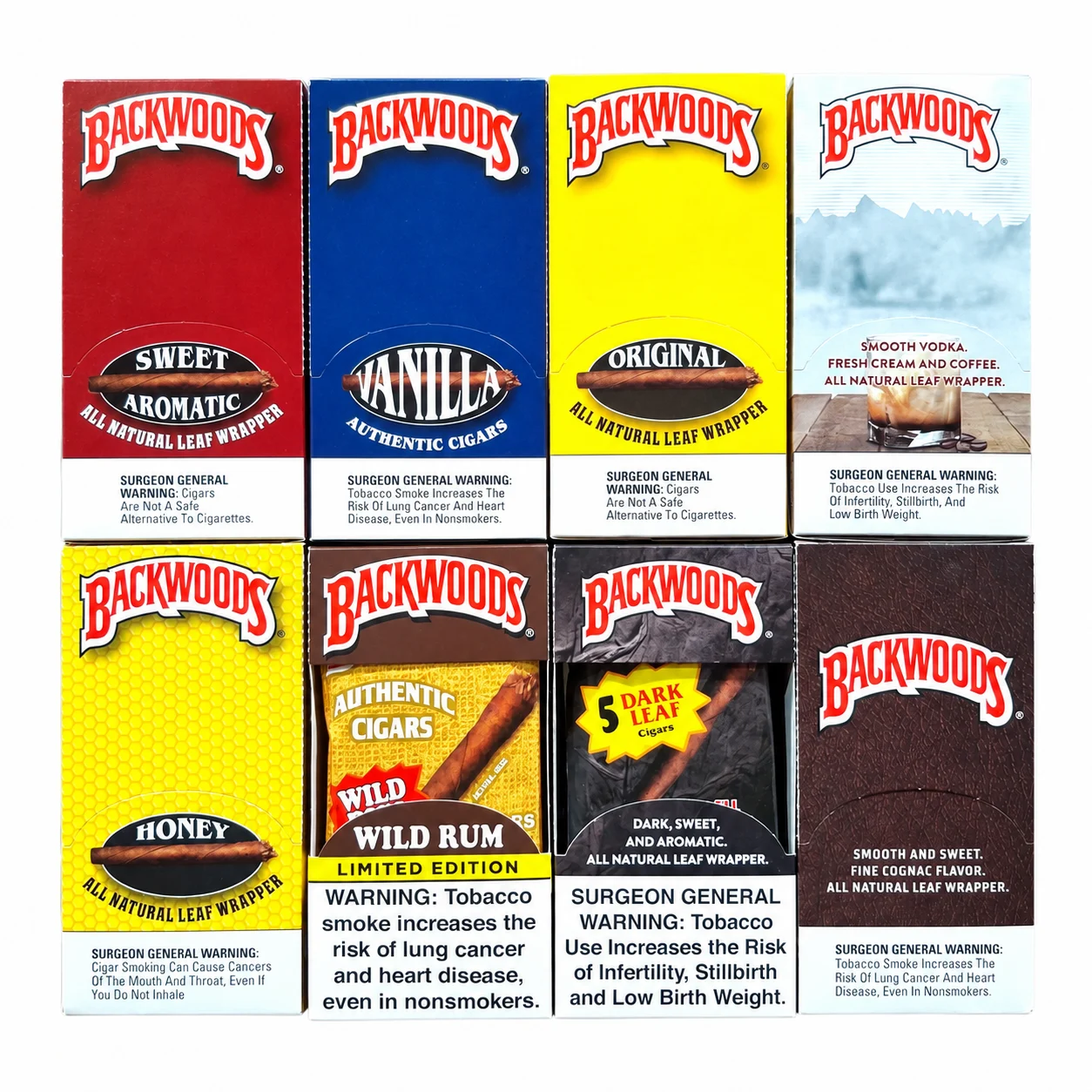 Backwoods cigar packages in assorted flavors including Original, Sweet Aromatic, Vanilla, Honey, Wild Rum, Dark Leaf and Cognac