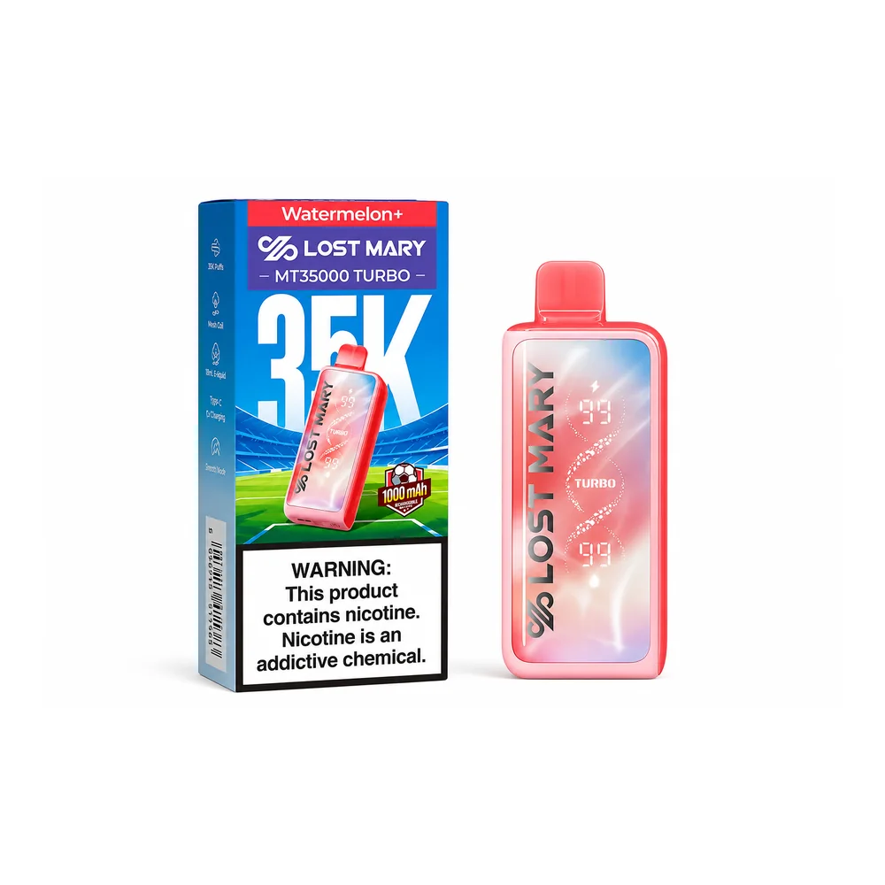Lost Mary MT35000 TURBO Watermelon disposable vape and retail box available at ZAZA Smoke Shop & Vapes in Kissimmee, Florida.