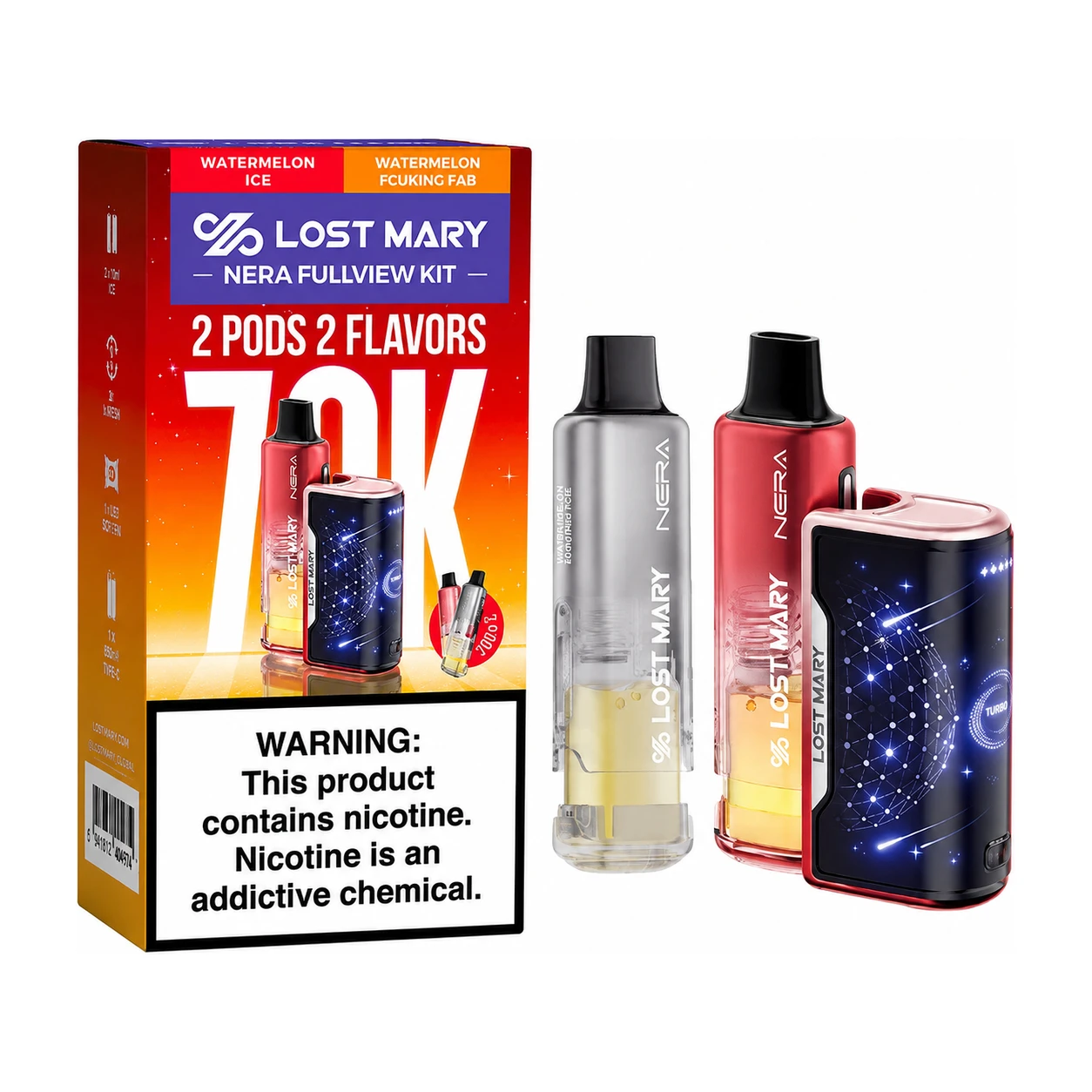 LOST MARY NERA Fullview 70K Watermelon Ice + Watermelon Fcuking Fab dual-pod kit with box at ZAZA Smoke Shop & Vapes – Kissimmee