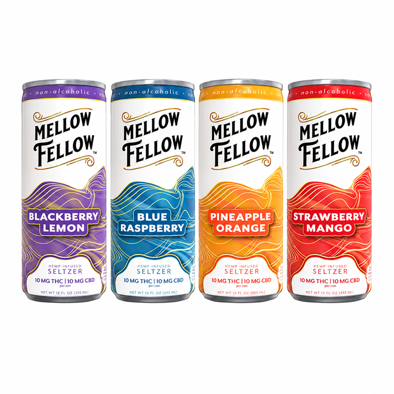 Mellow Fellow Delta-9 THC and CBD seltzer cans in Blackberry Lemon, Blue Raspberry, Pineapple Orange, and Strawberry Mango flavors