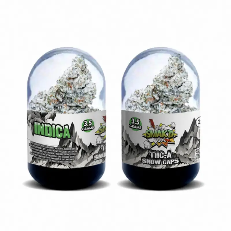 SMAK’D THCA Snow Caps Flower 3.5g Indica packaging, front and back views