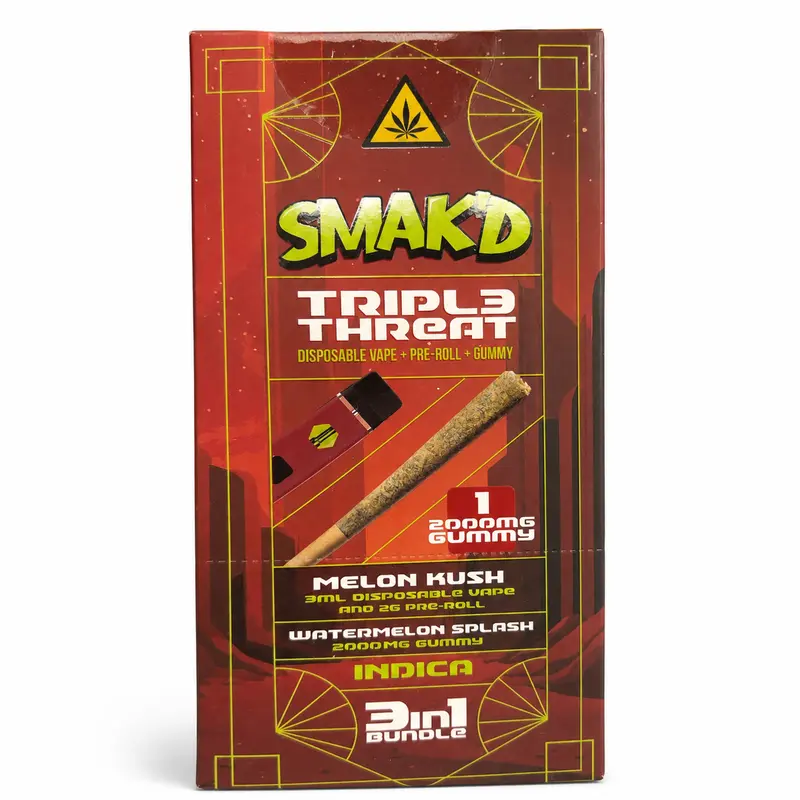 SMAK’D Triple Threat THCP 3-in-1 Bundle with 3 mL disposable vape, 2 g pre-roll, and one 2000 mg gummy