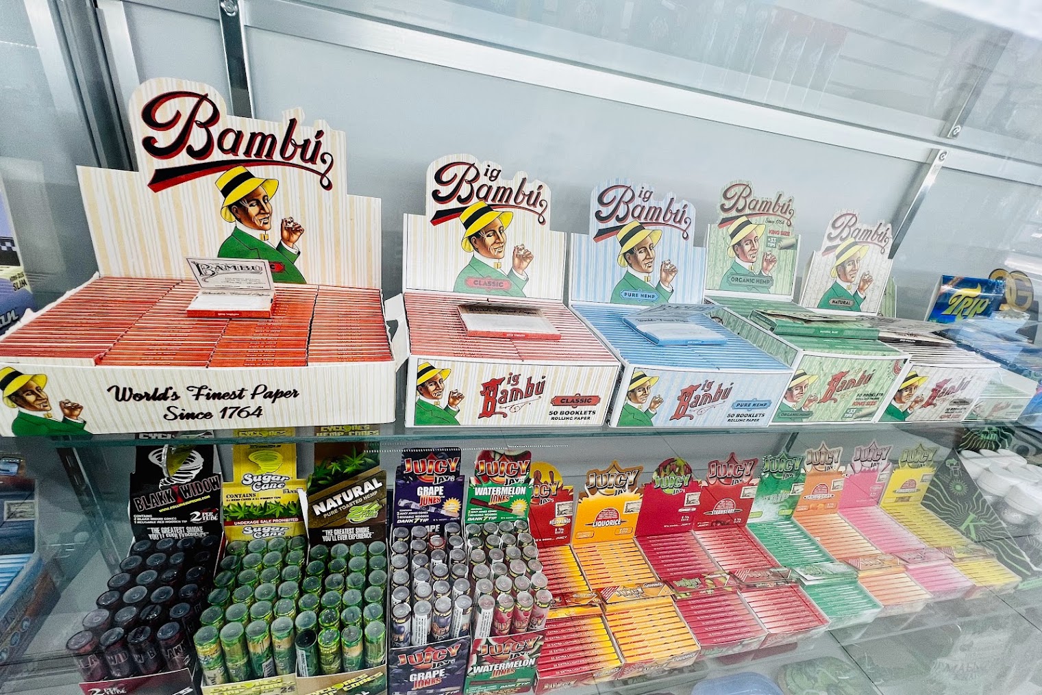 Rolling papers and tobacco wraps display at ZAZA Smoke Shop Kissimmee, FL